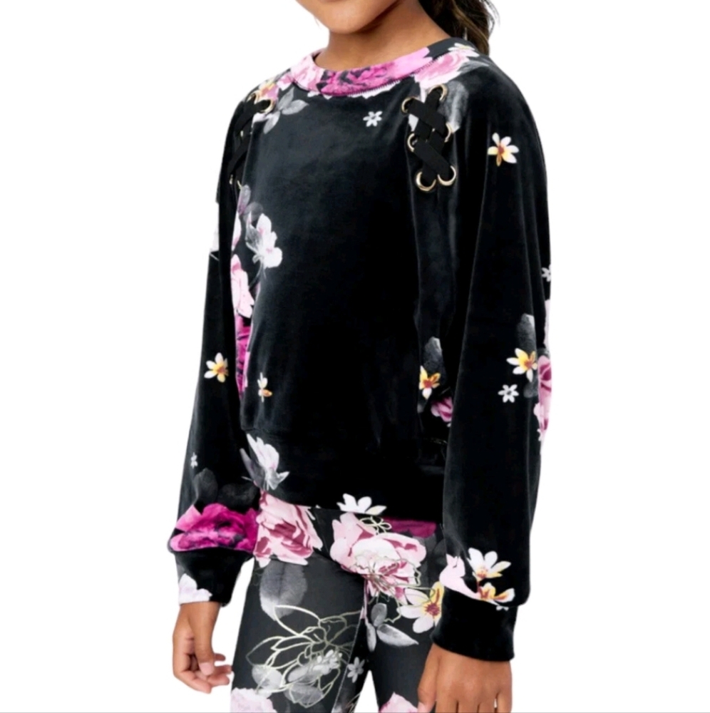 Justice Velour Floral dolman sleeve long sleeve Crop Top w lace detail size 10